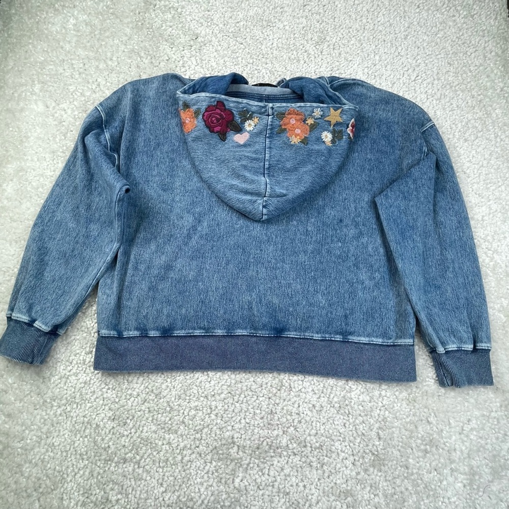 Billy T Camp Happy Hoodie Embroidered Peace Sign Floral Flowers Denim XL - Picture 3 of 13